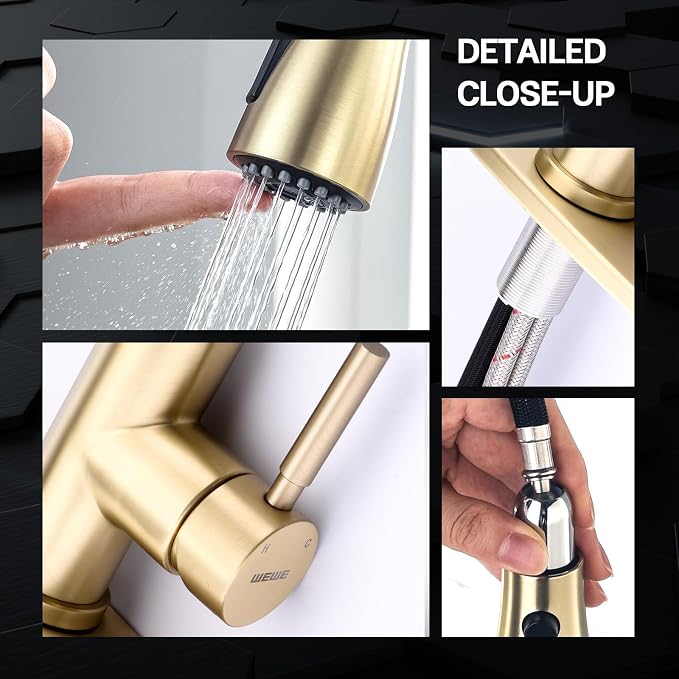 WEWE Gold Kitchen Faucet with Pull Down Sprayer, Single Handle Brushed Gold Kitchen Sink Faucets Stainless Steel Brass Copper Commercial RV 1 or 3 Hole, Champagne Bronze