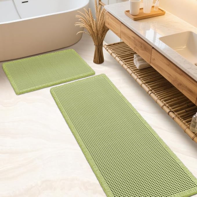 IM HOME Waffle Bath Mat Set Sage Green 2 Piece,Woven Modern Bath Rug Mats, Absorbent Non Slip Bath Floor Mat, Soft Washable Boho Bath Rugs with Tassels for Bathroom, Bedroom, Kitchen,Tub