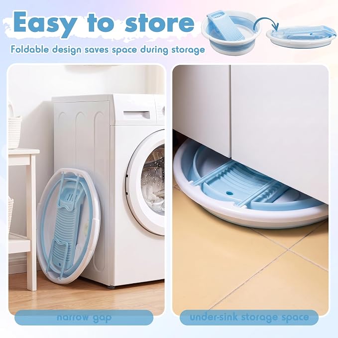 Lounsweer Large Collapsible Washboard Basin for Hand Washing Clothes with 2 Cleaning Brushes Portable Folding Laundry Tub with Non-Slip Washtub for Home Travel Camping (Blue)
