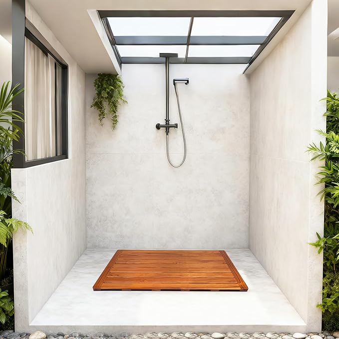 Utoplike Teak Bath Mat, Large Wood Shower Mats for Bathroom, 31.7 x17.9 in | with Non Slip Pads, Sturdy Solid Wooden, Floor Mat for Indoor Spa, Outdoor Inside Shower