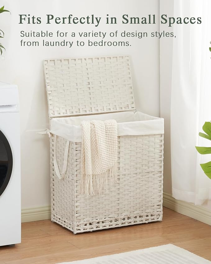 SETVSON Laundry Hamper with Lid Wicker Laundry Basket, White | Decorative Furniture Look for Bathroom & Bedroom, 3-Section Large Wicker Hamper, 3 Cloth Bags, 6 Mesh Bags Included