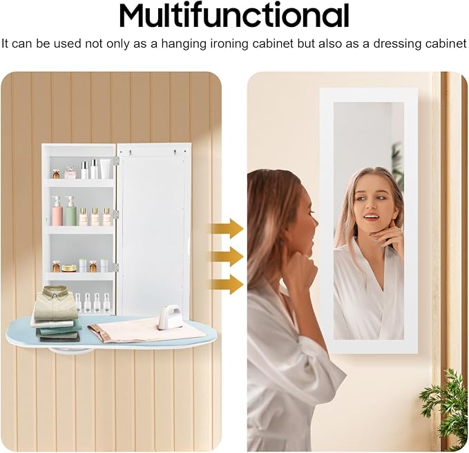 Wall Ironing Board Cabinet 180° Swivel with Mirror & Storage, Hooks, White | 180° swivel ironing board + full-length mirror + irons storage shelf + hooks. Holds 22 lbs. Folds to 8"D. For Home Apartment