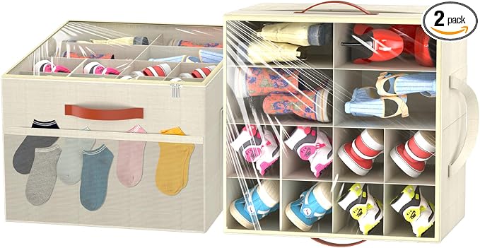 Aokeyee 2 Pack Shoe Organizer for Closet, Stackable Shoe Storage Box, Beige | Fits up to 32 Pairs, Space Saving, Foldable, Shoes Organizer Bin with Clear Cover, 4 Reinforced Handles