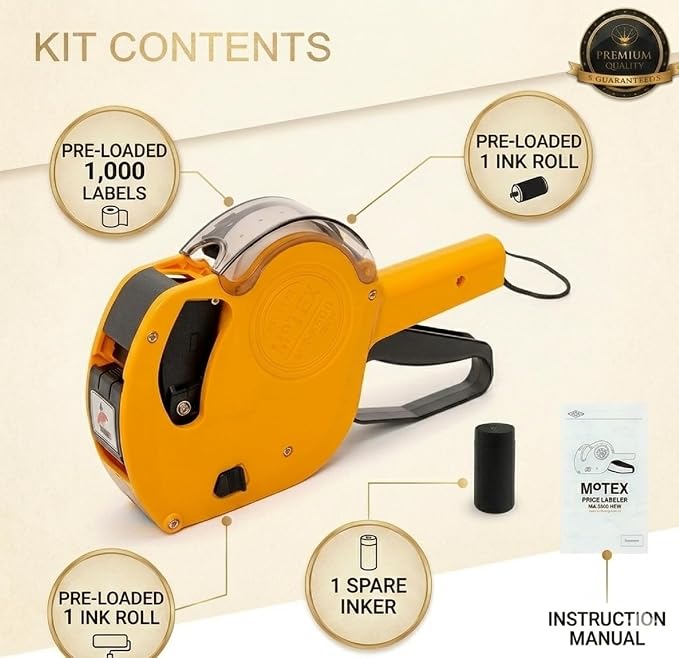 Motex MX-5500NEW Price Tag Gun, 1 Line 8 Digits – Pre-Loaded 1,000 White Labels & Ink, Extra Ink Refill – Easy Label Maker for Retail, Grocery, Garage Sale, Inventory – Yellow