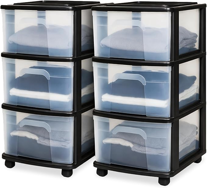 HOMZ 2-Pack Drawer Tower, 3-Tier Clear Plastic Storage Organizer Cart, Black Frame - Organizing Containers with Wheels for Home, Bathroom, Bedroom, Office, and Classroom