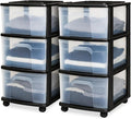 HOMZ 2-Pack Drawer Tower, 3-Tier Clear Plastic Storage Organizer Cart, Black Frame - Organizing Containers with Wheels for Home, Bathroom, Bedroom, Office, and Classroom