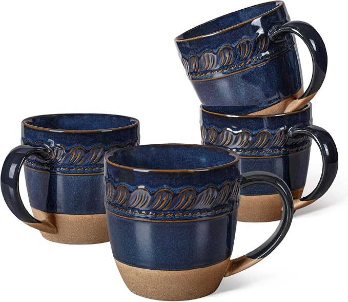 Artena Ceramic Coffee Mugs Set of 4, 16oz Embossed Large Latte Mugs Coffee Cups with Handle for Tea, Latte, Cappuccino & Cocoa, Milk Dishwasher & Microwave Safe, Blue (Willow Leaf)