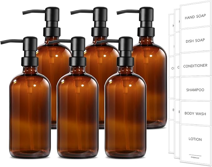 GMISUN Amber Glass Soap Dispenser, 6 Pack Bathroom Hand Soap Dispensers with Stainless Steel Pump, 17 Fl Oz Kitchen Hand and Dish Soap Dispenser Set, Modern Vintage Liquid Brown Soap Dispensers Bottle