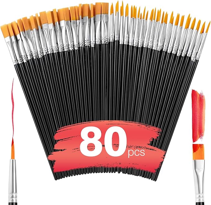 AROIC Small Paint Brushes Bulk,80 Pcs Black Nylon Hair Paint Brushes for Kids Flat Tip Round Acrylic Paint Brush Sets,Acrylic Paint Brush for Classroom Oil Watercolor Face Painting Touch Up