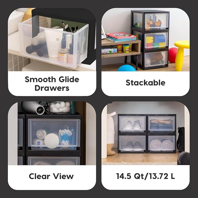 IRIS USA 6 Pack Plastic Drawer Storage Organizer, Stackable Unit with Sliding Drawers for Kitchen, Bathroom, Bedroom, Office, 14.5 Quart, Black