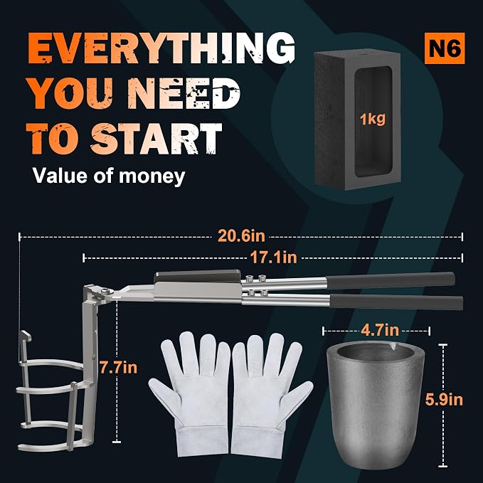 CANALHOUT 6kg Crucible Tongs Set for Melting Metal | 2-in-1 Lifting & Pouring Tong w/ Spouted Graphite Crucible, Ingot Mold & Gloves, for Metal Melting Jewelry Casting