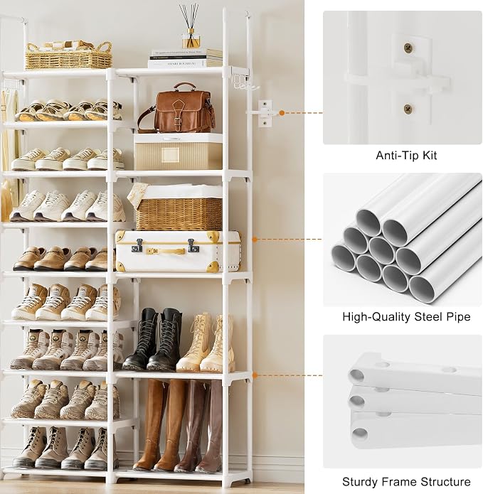 WOWLIVE 9 Tiers White Shoe Rack for Closet Shoe Rack Storage Organizer for Entryway 30-35 Pairs Stackable Shoe Shelf for Front Entrance Metal Pipes with Plastic Connectors