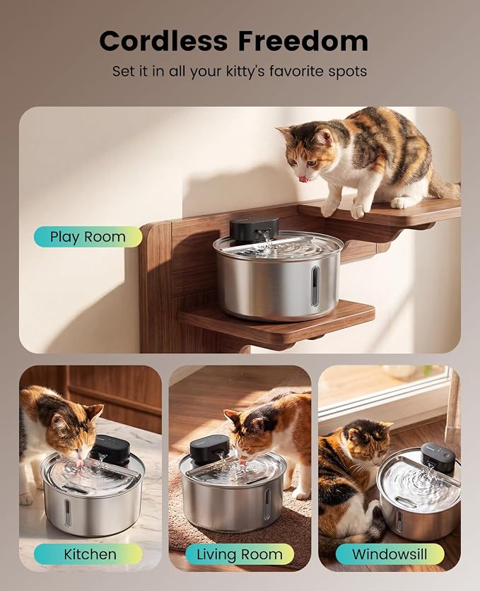 oneisall 108oz/3.2L Wireless Stainless Steel Cat Water Fountain | True Cordless,Ultra Quiet,4000mAh Rechargeable Battery Operated,3 Flow Modes with Sensor,Easy to Clean(3-Piece Only),5-Layer
