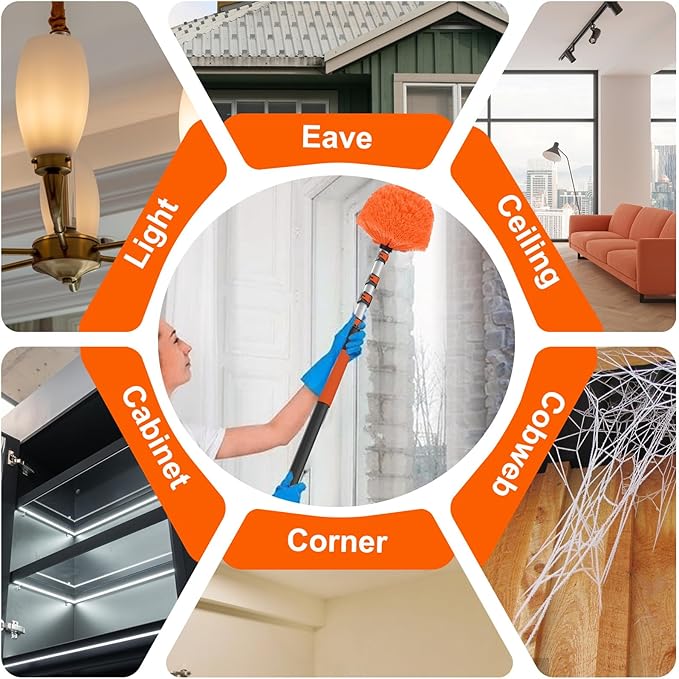 SISUPASSIE 36FT Reach Cobweb Duster with Extension Pole, High Ceiling Long Duster with 7-30FT Telescoping Pole, Spider Web Brush for Indoor Outdoor Use