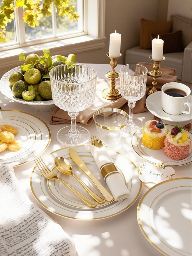 WDF Partyware 175PCS White and Gold Plastic Plates - Gold Plates with Rolled Napkins for Party - 25Guest Disposable Dinnerware Sets for Wedding/Baby Shower/Birthday