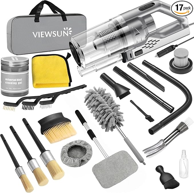 Car Cleaning Kit, 17PCS Car Interior Detailing Kit with Gray High Power Handheld Vacuum, Detailing Brush Set, Windshield Cleaner, Cleaning Gel, Complete Auto Accessories for Men, Women