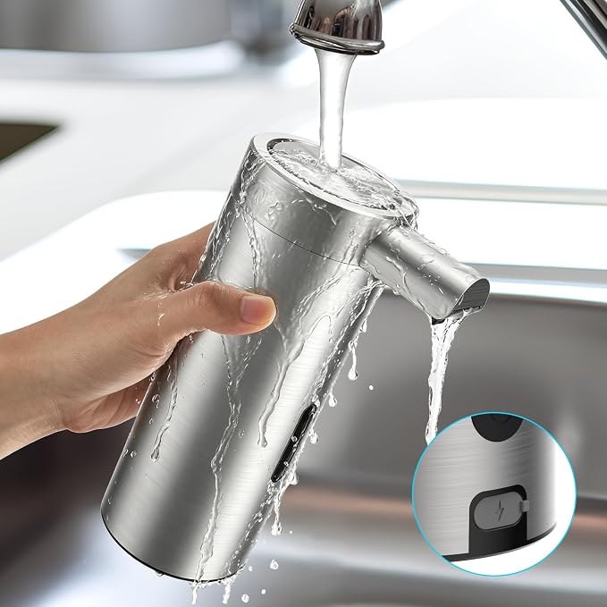 Liquid Sensor Pump, 12.17 oz Automatic Soap Dispenser for Kitchen and Bathroom, Touchless Automatic Soap Dispenser, Variable Dispense, Rechargeable, No-Drip Spout, High-Grade Brushed Stainless Steel
