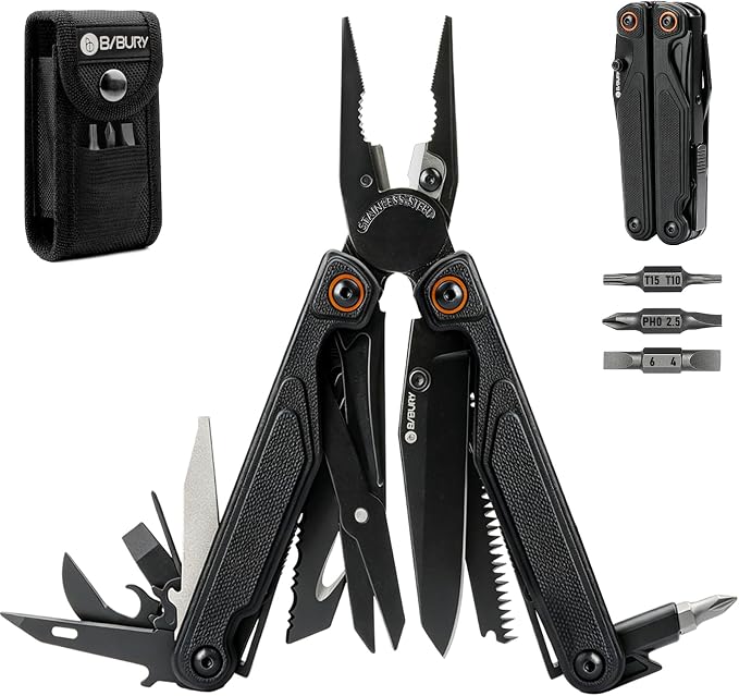 BIBURY Lightweight G10 Handle Multitool Pliers, 25-in-1 EDC Multi Tool with Replaceable Wire Cutters, Scissors, One-Hand Opening Pocket Knife Survival Tools for Camping, Repair,Survival -BI2048B