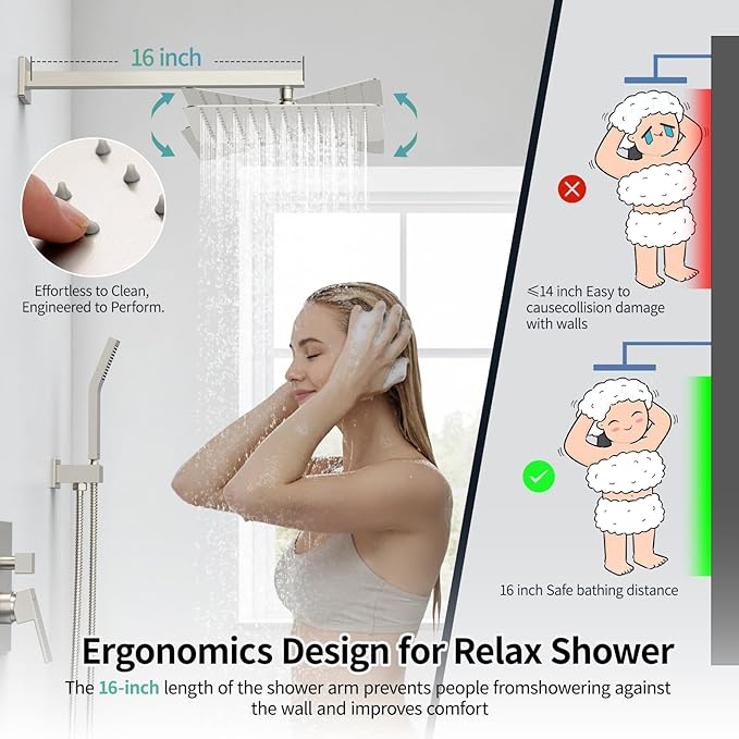 SR SUN RISE Shower Faucet Set Bathroom Square Rain Shower Head with Handheld Spray Wall Mounted Rainfall Shower Fixtures Brushed Nickel Shower Faucet Trim Repair Kits (Contain Shower Valve)10 Inches