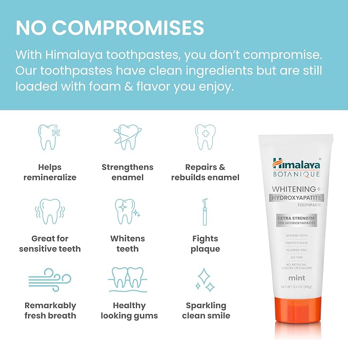 Himalaya Botanique 10% Nano Hydroxyapatite Toothpaste, Mint, 3 oz | nHA Hydroxyapatite Supports Enamel Strength & Integrity, Fluoride Free, Great for Sensitive Teeth, Whitening, SLS Free, Vegan