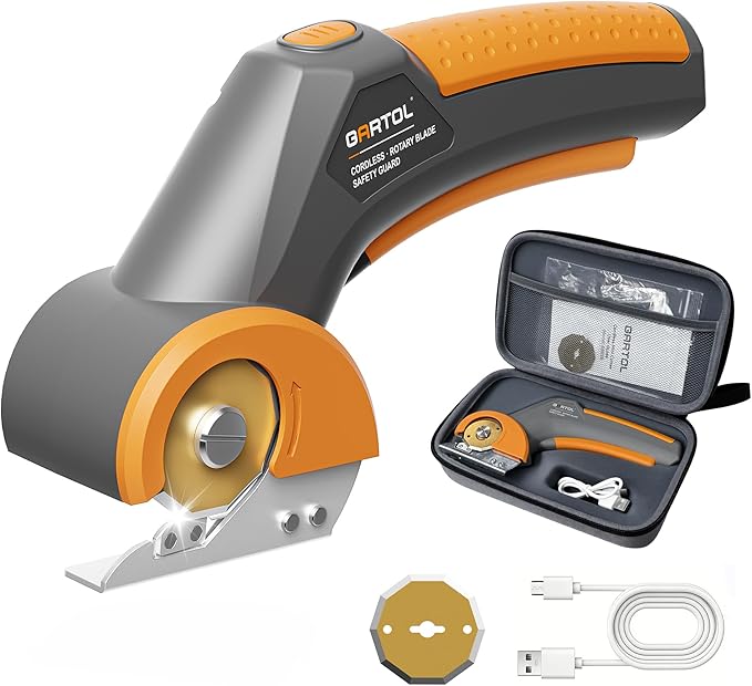 GARTOL Cordless Electric Scissors with Rotary Blade, 4V Power Cutter for Cardboard, Carpet, Leather & Fabric, Self-Sharpening Electric Shears with Storage Bag, Ideal for Arthritis, Sewing & DIY Crafts