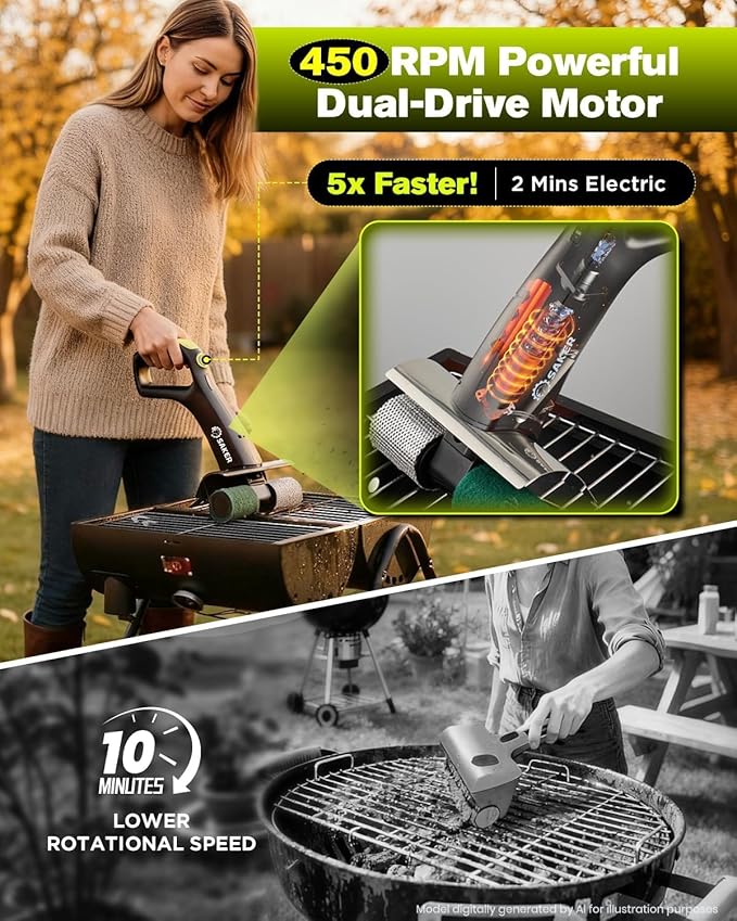 Saker Electric Grill Brush for Outdoor Grill, Bristle-Free Automatic Grill Cleaning Brush with 450 RPM & LED Light, Grill Rescue BBQ Brush Set with 3 Interchangeable Heads