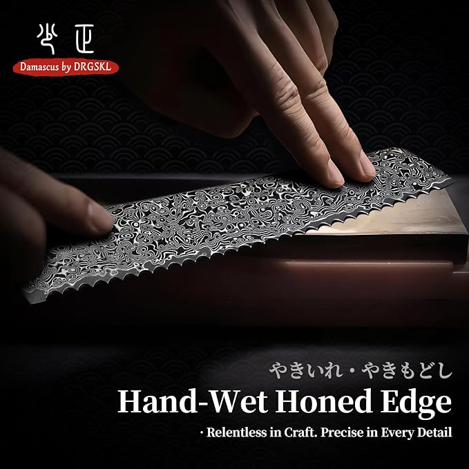 DRGSKL Damascus Serrated Bread Knife - Slicer Knives with Wide Wavy Edge | Japanese VG10 Core, Black Anti-corrosion Coating, Damascus Blade, G10 Handle, Gift Box, Wet Edge Grinding Technology