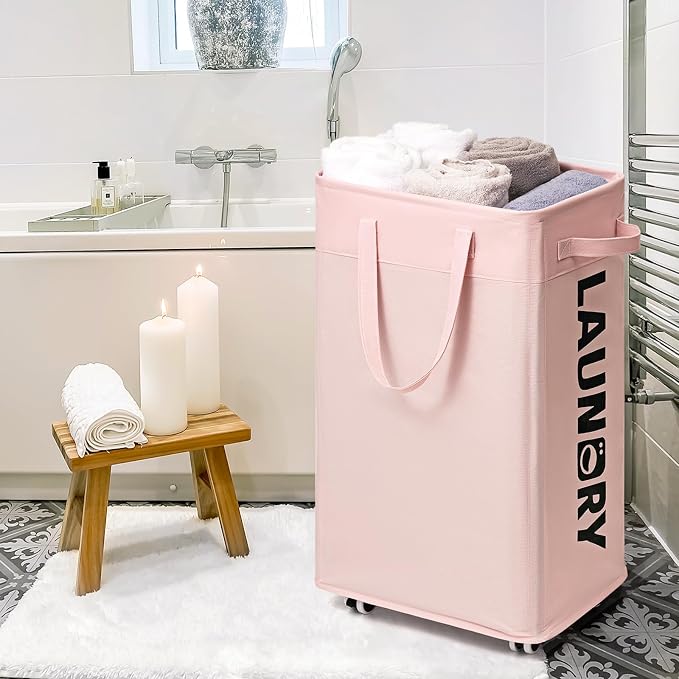 CHICVITA Laundry Hamper with Wheels 2-Pack, 75L Collapsible Laundry Basket with Removable Wash Bags, Pink Laundry Hamper for Corner Dorm, Rolling Laundry Basket on Wheels