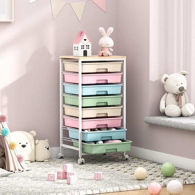 SYKIARIOL Rolling Storage Cart with Drawers,Utility Cart With 8 Drawers and Wooden Tabletop,Rolling Drawer Cart,Storage Drawer Cart for Living Room,Classroom,Bedroom,Bathroom,Dorm,Office,Rainbow