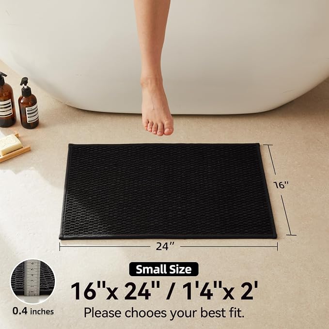 Triohero Bathroom Rugs Non Slip Washable, Super Absorbent Thin Bath Mat Small Quick Dry Low Pile Bathroom Rug, Black 16"x24"