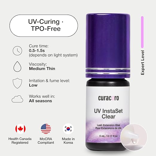 Curacoro UV Lash Glue for Eyelash Extensions, UV Instaset Clear | 5ml Clear UV Glue, Instant Curing Low-Odour, 6-Week Retention