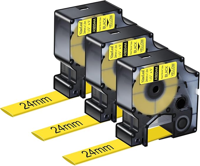 NineLeaf 3 Pack Compatible Labels Tape Replacement for Dymo 1805444 1 inch Black on Yellow Heat Shrink Tube Labels 24mm x 1.5m for Wires and Cables Use in Rhino 6000 6500 Label Maker