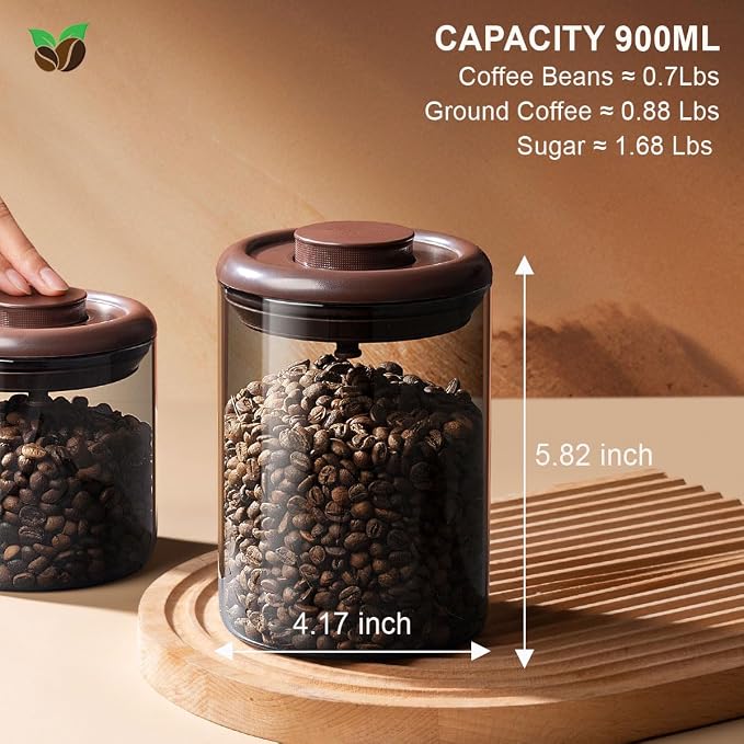 Glass Coffee Canister 900ml x 2 Jar, Airtight Food Storage Container with Pop Lid, Kitchen High Borosilicate Glass Contianers For Tea Coffee Bean Sugar