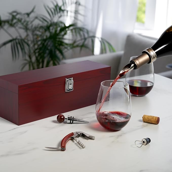 True Cherry 1-Bottle Wine Accessories Gift Set | Premium Corkscrew Opener Kit, Drip Ring, and Wine Pourer and Stopper in Wood Case with Padded Insert