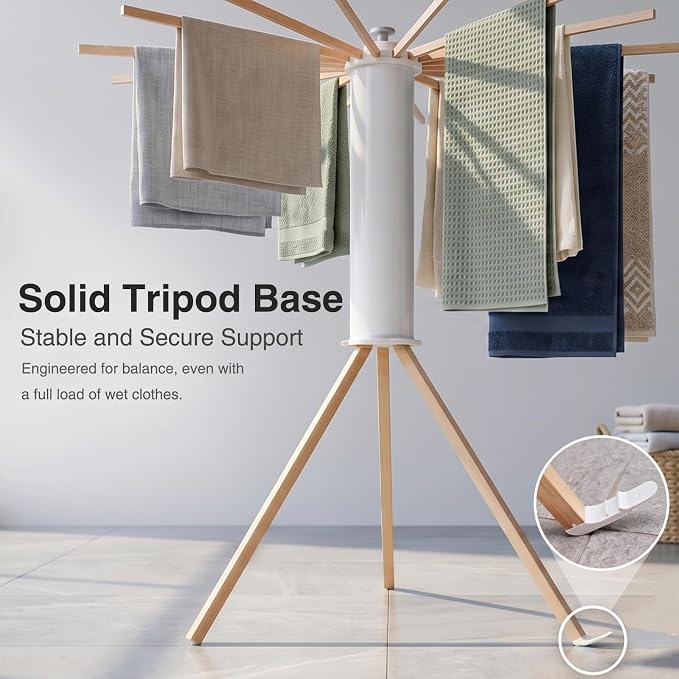 Foldable Clothes Drying Rack, Laundry Drying Rack Collapsible, 16-Pole Solid Beech Wood Tripod Clothes Drying Rack, Portable Clothes Drying Rack, Indoor/Outdoor Clothes Drying Rack