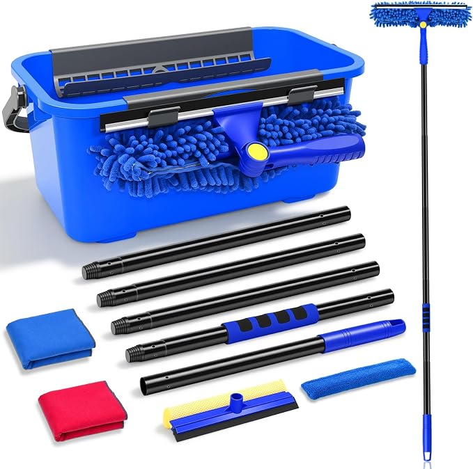 Wontolf 13pcs Window Cleaning Kit with Bucket 3 Gallon, 2-in1 Window Squeegee with 79" Long Handle, Professional Window Washing Equipment Cleaner Tool for Home Outdoor Commercial Use