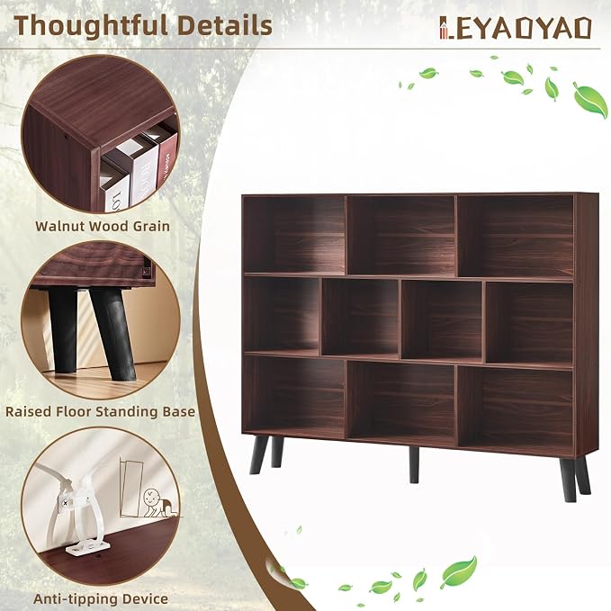 LEYAOYAO 10 Cube Bookshelf, Mid-Century Modern Book Shelf with Legs, Walnut | 3 Tier Bookcase, 55" Wide Rustic Wood Bookshelves Large Storage Organizer, Open Shelves for Bedroom, Living Room, Office