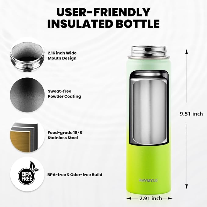 RAYMYLO Insulated Water Bottle 20 oz, Triple Wall Vacuum Stainless Steel (Cold for 24Hrs, Hot for 12Hrs), Leak Proof & Non-BPA, Modern Water Bottle Jug for School with Straw Spout Lids