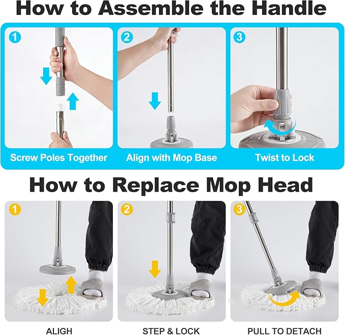 JOYMOOP Spin Mop and Bucket Set, 360° Mop Head & Telescopic Handle, 3 Reusable Microfiber Pads, Wet and Dry Use, Hands-Free Cleaning for Hardwood, Tile, Laminate Floors & Walls