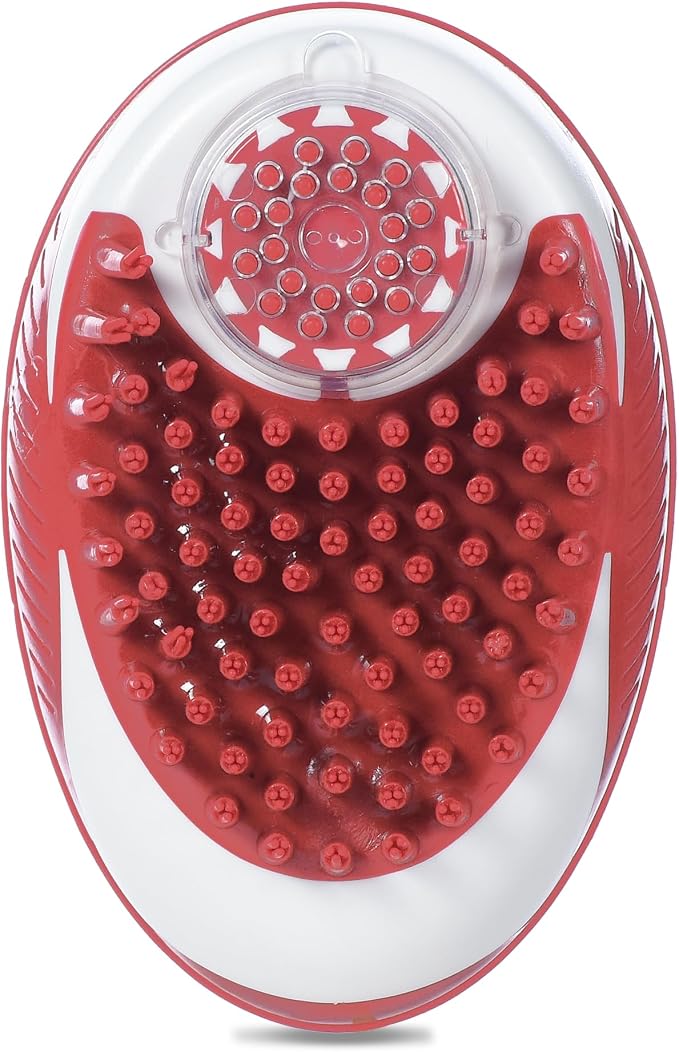 CHI for Dogs Soap Dispensing Palm Brush, Handheld Dog Bathing Scrubber with Built-In Shampoo Dispenser, Soft Rubber Bristles for Massaging and Deep Cleaning All Dog Coat Types, Red