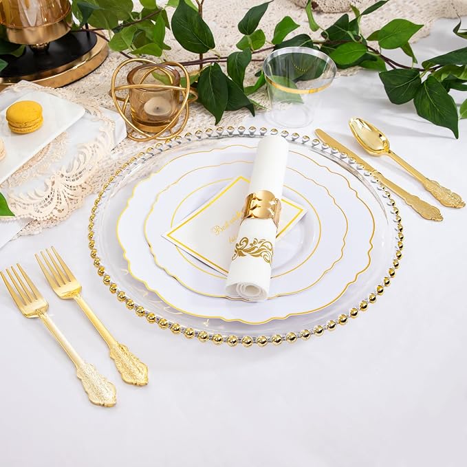 WDF Partyware 350 Pieces Gold Disposable Plates for 50 Guests, Plastic Plates for Party, Dinnerware Set of 50 Dinner Plates, 50 Salad Plate, 50 Spoons, 50 Forks, 50 Knives, 50 Cups for Wedding/Party