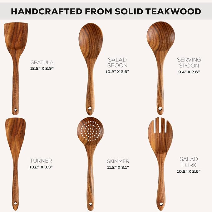Zulay Kitchen 6 Piece Wooden Spoons for Cooking – Natural Teak Wooden Utensil Set, Easy to Clean, Durable, Smooth with Comfort Grip - Non Toxic Wooden Cooking Utensil Sets