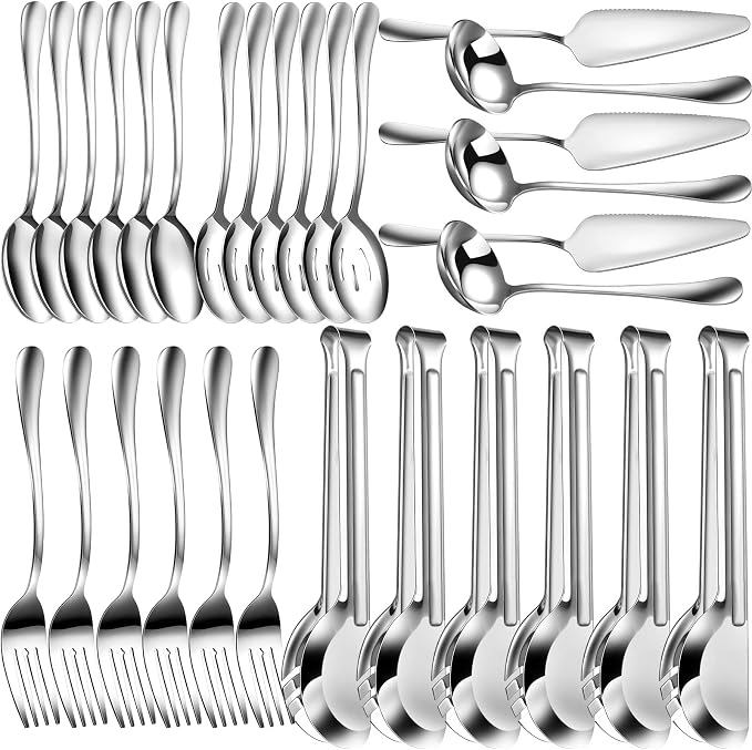 Thenshop 30 Pcs Serving Utensils Set Stainless Steel Flatware Serving Set Include Large Spoons Slotted Spoons Forks Soup Ladle Pie Server and Tongs for Buffet Catering Party Restaurant(Silver)