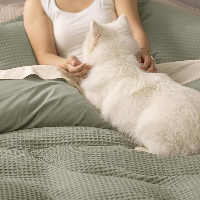 PHF Waffle Duvet Cover Set King Size, No Snagging Ultra Soft Luxury Textured Breathable Comforter Cover for All Season 3pcs, Durable Bedding Duvet Set with 2 Pillow Shams, 104"x90", Dusty Sage