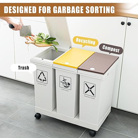 20L x 3 Compartment Trash Can with Wheels, 16 Gallon Recycling Bin and Rolling Garbage Can for Kitchen, Mobile Waste Separation System with Press-Open Lids & Detachable Containers for Home & Office