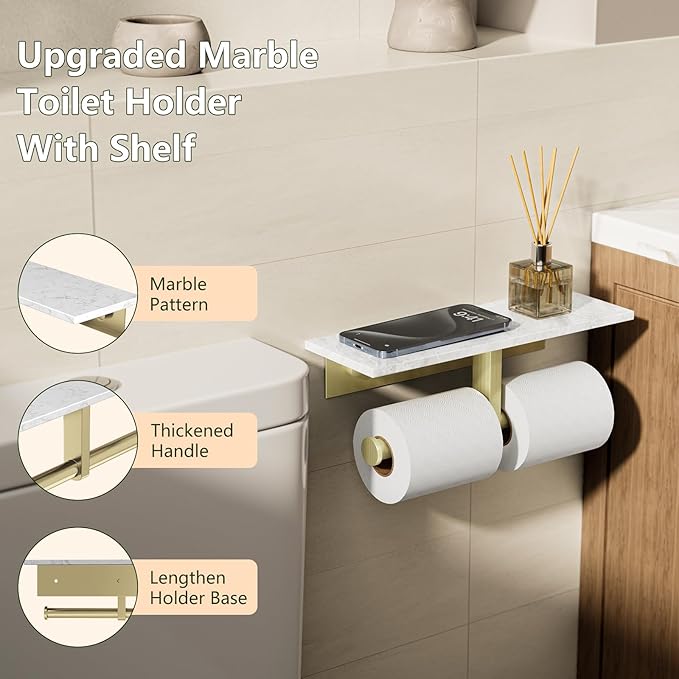 Marble Toilet Paper Holder with Shelf,Doulble Bathroom Tissue Roll Holder,304 Stainless Steel Toilet Paper Holder Wall Mounted,Modern Tissue Holder for Bathroom Washroom,Brushed Gold