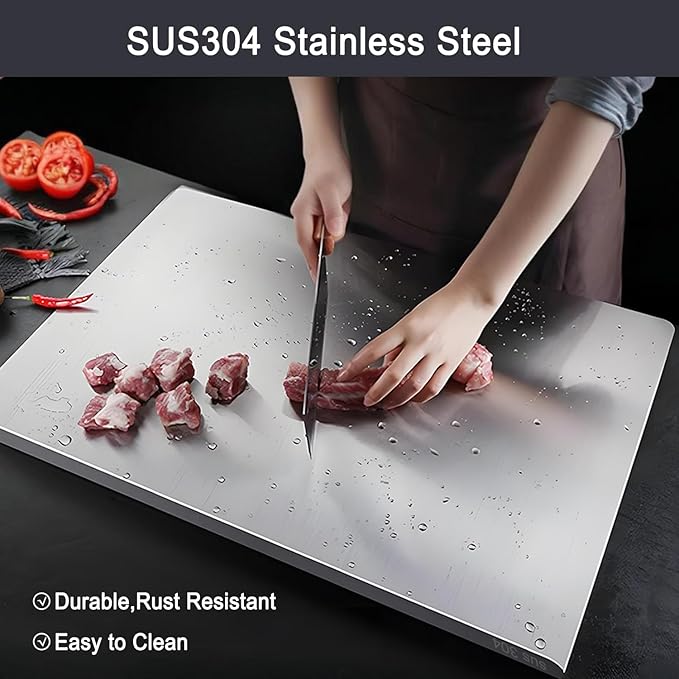 304 Stainless Steel Cutting Board – Stainless Steel Kitchen Chopping Boards Non-Slip, Dishwasher Safe – Ideal for Meat, Vegetables, Fruits, Bread & Baking – Commercial & Home Use (15.7 * 11.8in)