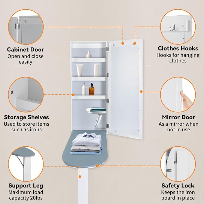 Wall Ironing Board Cabinet Built-in 35" L Ironing Board Fold Down Ironing Board Cabinet with Storage Cabinet, Mirrors, Support Table for Home Apartment, White 14" L x 6.9" W x 37.4" H