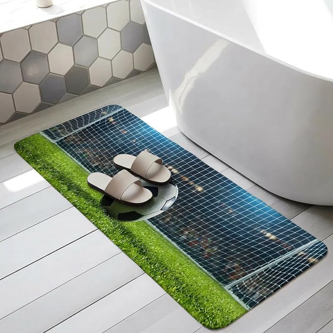 Football Bathroom Runner Rugs Non Slip Washable Absorbent Narrow Long Bath Mat Soccer Ball Sports Net Mesh Evening Match Runner Rugs for Kitchen Hallway Bedroom Laundry Study Room 31.5"x78.7"