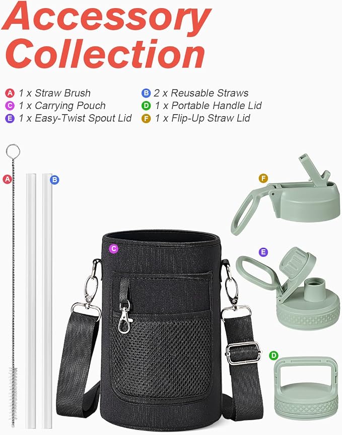 Coolflask Water Bottle 32 oz Insulated with Straw, Stainless Steel Metal 3 Lids Water Flask Wide Mouth for Sports or Office, Non-BPA Keep Cold Up to 48 Hrs or Hot Up to 24 Hrs, Grey Green
